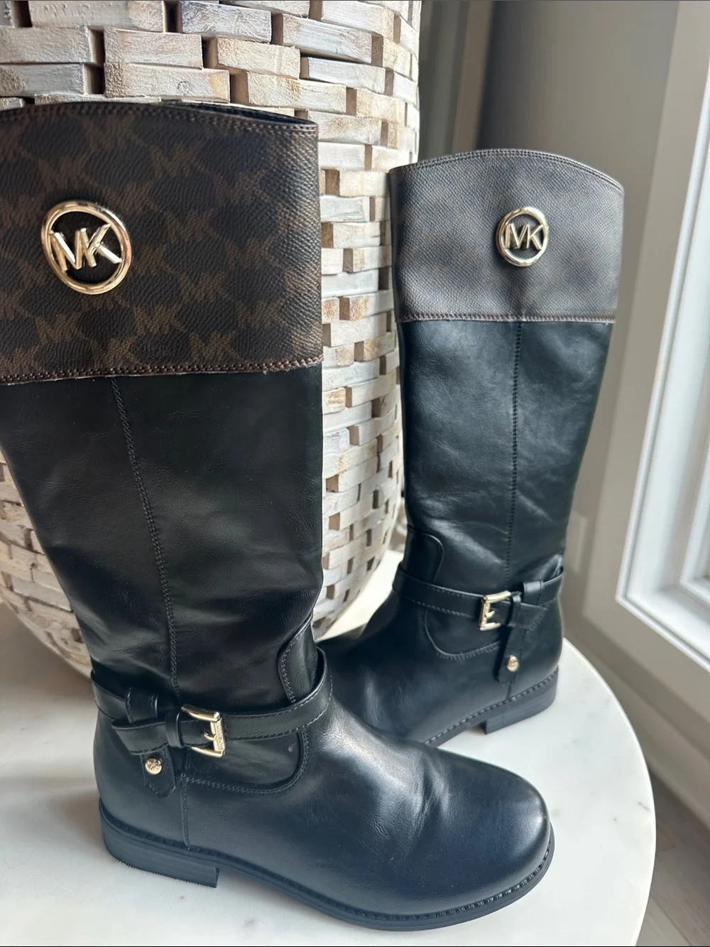 Michael Kors Black Leather Boots with Brown MK Logo Cuff